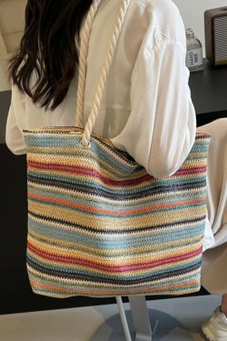 Large Capacity Rainbow Woven Straw Tote Bag for Women - Stylish Beach Vacation Shoulder Bag for Travel and Commuting