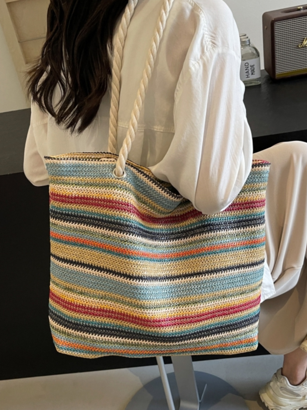 Large Capacity Rainbow Woven Straw Tote Bag for Women - Stylish Beach Vacation Shoulder Bag for Travel and Commuting Large Capacity Rainbow Woven Straw Tote Bag for Women - Stylish Beach Vacation Shoulder Bag for Travel and Commuting