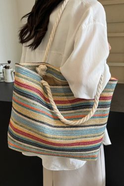 Large Capacity Rainbow Woven Straw Tote Bag for Women - Stylish Beach Vacation Shoulder Bag for Travel and Commuting