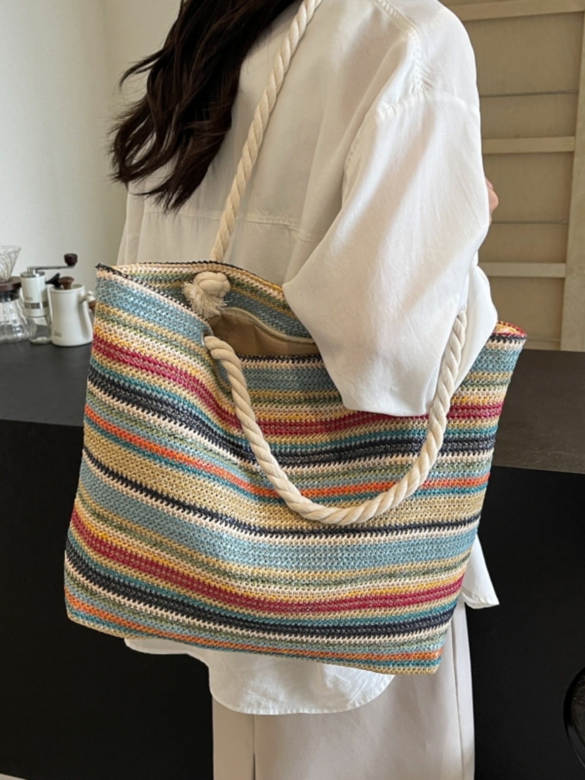 Large Capacity Rainbow Woven Straw Tote Bag for Women - Stylish Beach Vacation Shoulder Bag for Travel and Commuting Large Capacity Rainbow Woven Straw Tote Bag for Women - Stylish Beach Vacation Shoulder Bag for Travel and Commuting