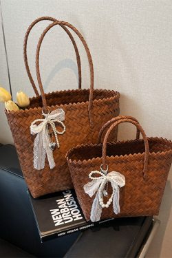 Large Capacity Rattan Woven Bamboo Handle Bag for Women - Stylish Beach Tote, Commuter Shoulder Bag, 2025 Trendy Vegetable Basket
