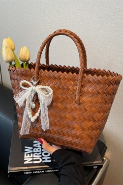 Large Capacity Rattan Woven Bamboo Handle Bag for Women - Stylish Beach Tote, Commuter Shoulder Bag, 2025 Trendy Vegetable Basket