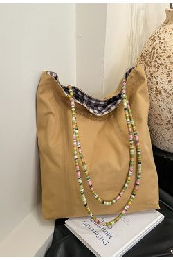 Large Capacity Spring Plaid Canvas Tote Bag for Women - Double-Sided Commuting Shoulder Bag, Ideal Student Classroom Accessory