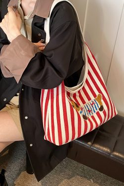 Large Capacity Striped Canvas Shopping Bag for Women - Stylish Shoulder Tote for Students and Commuters - 2025 Trend