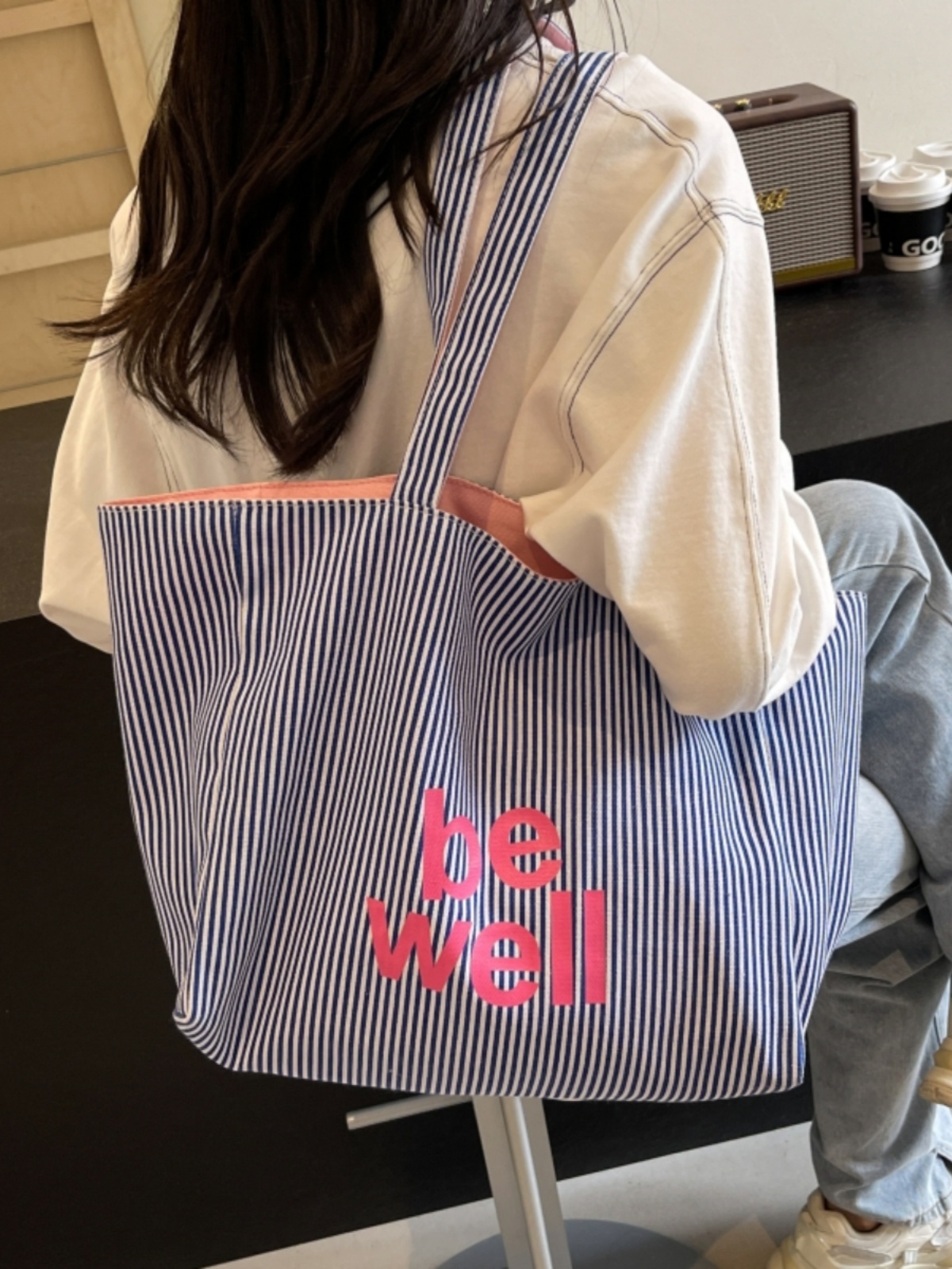 Large Capacity Striped Canvas Tote Bag for Women - Double-Sided Summer Shopping Bag for Commuting and Short Trips Large Capacity Striped Canvas Tote Bag for Women - Double-Sided Summer Shopping Bag for Commuting and Short Trips