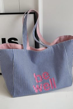 Large Capacity Striped Canvas Tote Bag for Women - Double-Sided Summer Shopping Bag for Commuting and Short Trips