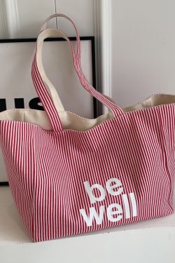 Large Capacity Striped Canvas Tote Bag for Women - Double-Sided Summer Shopping Bag for Commuting and Short Trips