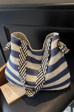 Large Capacity Striped Straw Woven Tote Bag for Women - Summer Shoulder Commuting Beach Vacation Bag