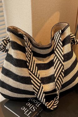 Large Capacity Striped Straw Woven Tote Bag for Women - Summer Shoulder Commuting Beach Vacation Bag