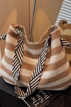 Large Capacity Striped Straw Woven Tote Bag for Women - Summer Shoulder Commuting Beach Vacation Bag