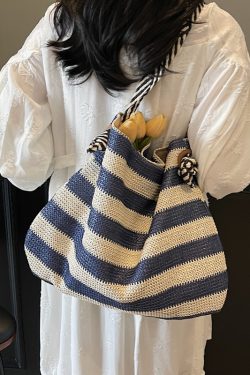 Large Capacity Striped Straw Woven Tote Bag for Women - Summer Shoulder Commuting Beach Vacation Bag