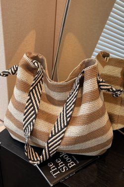 Large Capacity Striped Straw Woven Tote Bag for Women - Summer Shoulder Commuting Beach Vacation Bag