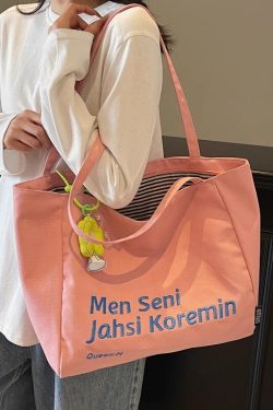 Large Capacity Summer Embroidered Letter Canvas Tote Bag for Women - Versatile Laptop Shoulder Bag for Class and Commute