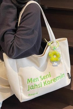 Large Capacity Summer Embroidered Letter Canvas Tote Bag for Women - Versatile Laptop Shoulder Bag for Class and Commute