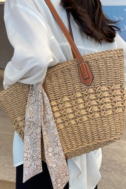 Large Capacity Woven Straw Shoulder Tote Bag for Women - Trendy Autumn 2025 Versatile Beach Vacation Handbag