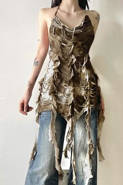 Layered Backless Halter Neck Bodycon Skirt with Tassel Straps for Women - Edgy Desolate Zone Design