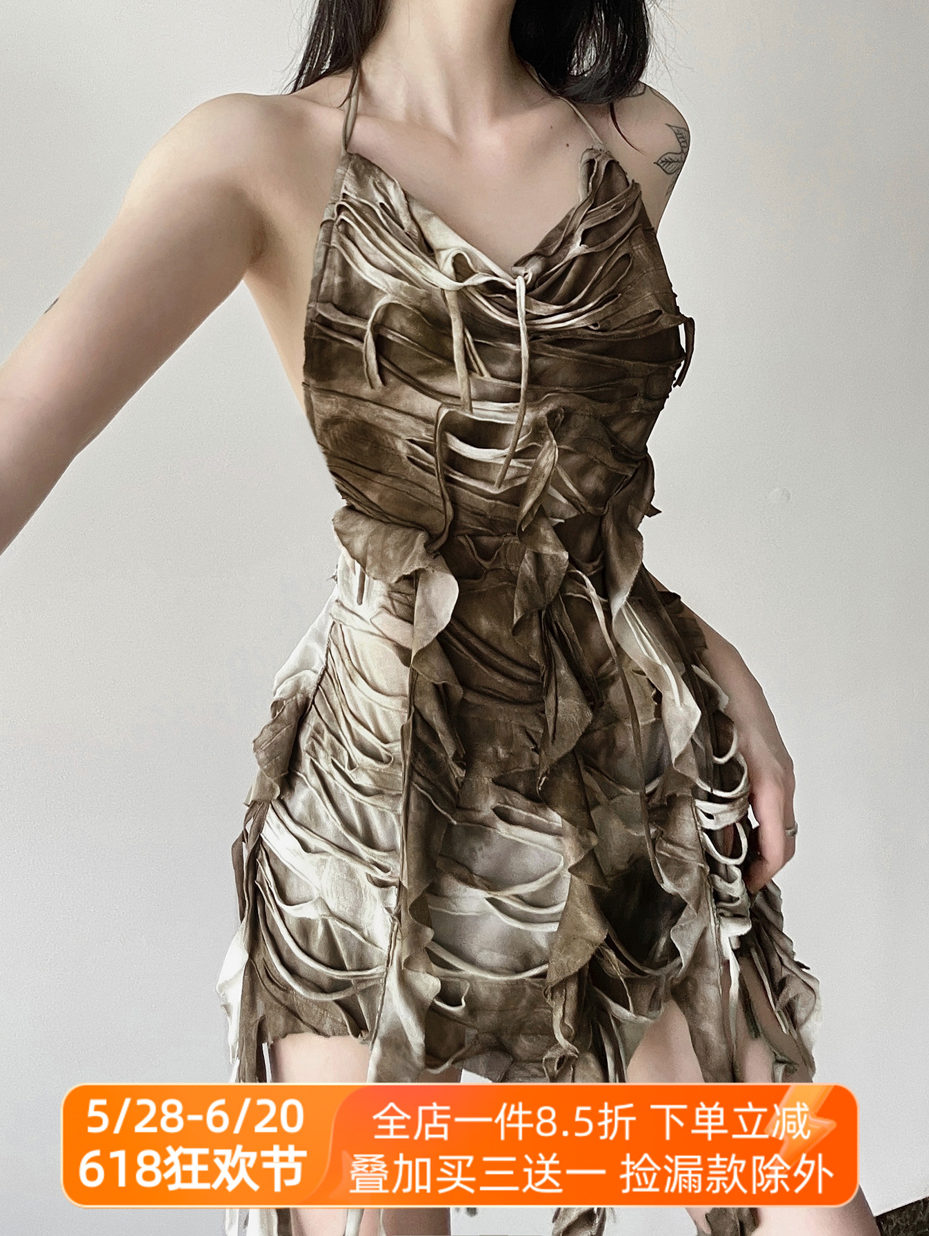 Layered Backless Halter Neck Bodycon Skirt with Tassel Straps for Women - Edgy Desolate Zone Design Layered Backless Halter Neck Bodycon Skirt with Tassel Straps for Women - Edgy Desolate Zone Design