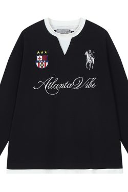 Layered Fake Two-Piece Badge Embroidered Henley Long Sleeve T-Shirt - Trendy Y2K Style for Effortless Layering