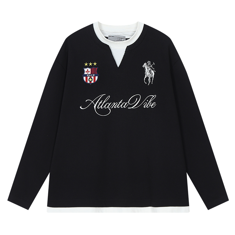Layered Fake Two-Piece Badge Embroidered Henley Long Sleeve T-Shirt - Trendy Y2K Style for Effortless Layering Layered Fake Two-Piece Badge Embroidered Henley Long Sleeve T-Shirt - Trendy Y2K Style for Effortless Layering