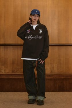 Layered Fake Two-Piece Badge Embroidered Henley Long Sleeve T-Shirt - Trendy Y2K Style for Effortless Layering