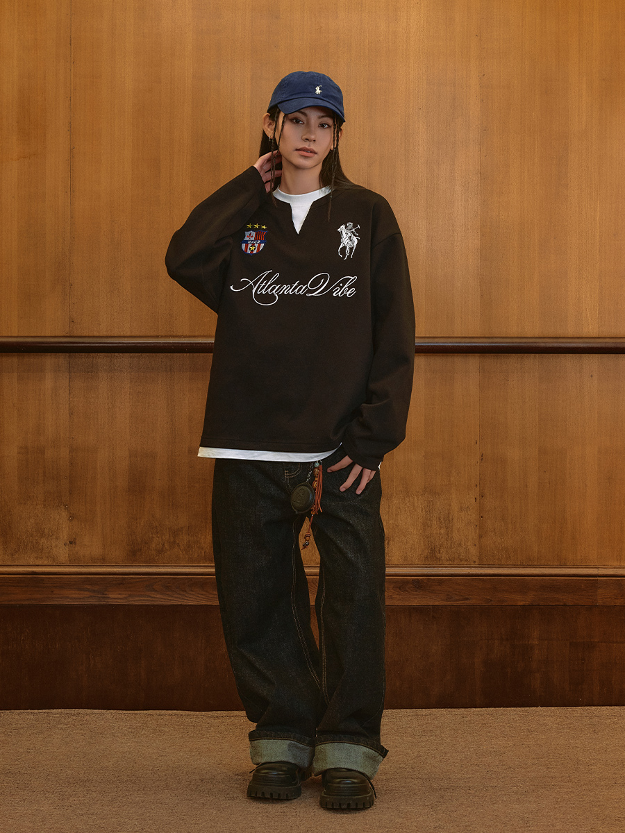 Layered Fake Two-Piece Badge Embroidered Henley Long Sleeve T-Shirt - Trendy Y2K Style for Effortless Layering Layered Fake Two-Piece Badge Embroidered Henley Long Sleeve T-Shirt - Trendy Y2K Style for Effortless Layering