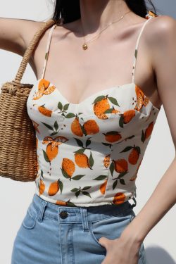Lemon Print V-Neck Camisole Top for Women - Slim Fit, Flattering Design, Back Pleats & Tie Straps, Perfect for French Countryside Style