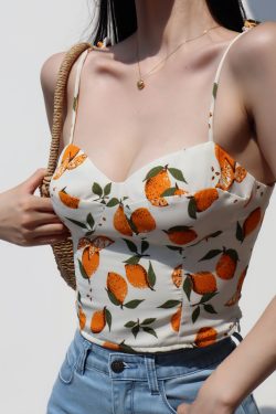 Lemon Print V-Neck Camisole Top for Women - Slim Fit, Flattering Design, Back Pleats & Tie Straps, Perfect for French Countryside Style