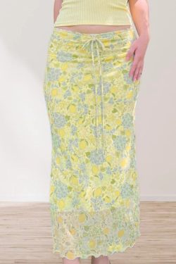 Lemon Soda Floral Mesh Bodycon Skirt for Women - Low Waist, Tied Design, Trendy Fresh Dopamine Style