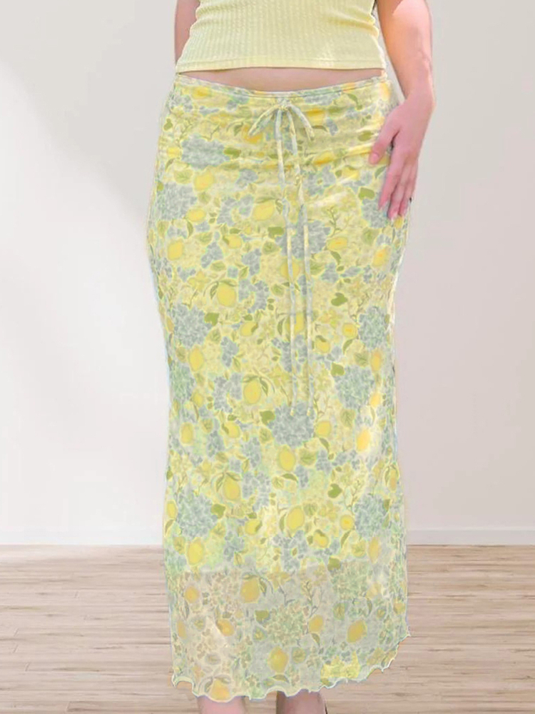 Lemon Soda Floral Mesh Bodycon Skirt for Women - Low Waist, Tied Design, Trendy Fresh Dopamine Style Lemon Soda Floral Mesh Bodycon Skirt for Women - Low Waist, Tied Design, Trendy Fresh Dopamine Style