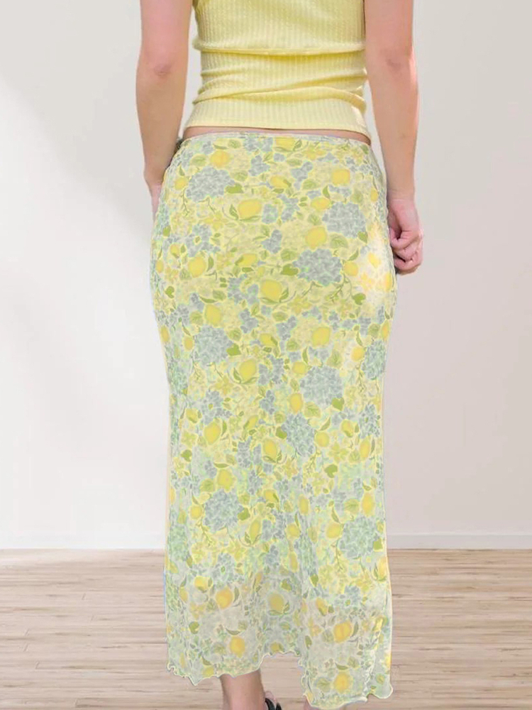 Lemon Soda Floral Mesh Bodycon Skirt for Women - Low Waist, Tied Design, Trendy Fresh Dopamine Style Lemon Soda Floral Mesh Bodycon Skirt for Women - Low Waist, Tied Design, Trendy Fresh Dopamine Style