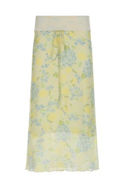 Lemon Soda Floral Mesh Bodycon Skirt for Women - Low Waist, Tied Design, Trendy Fresh Dopamine Style