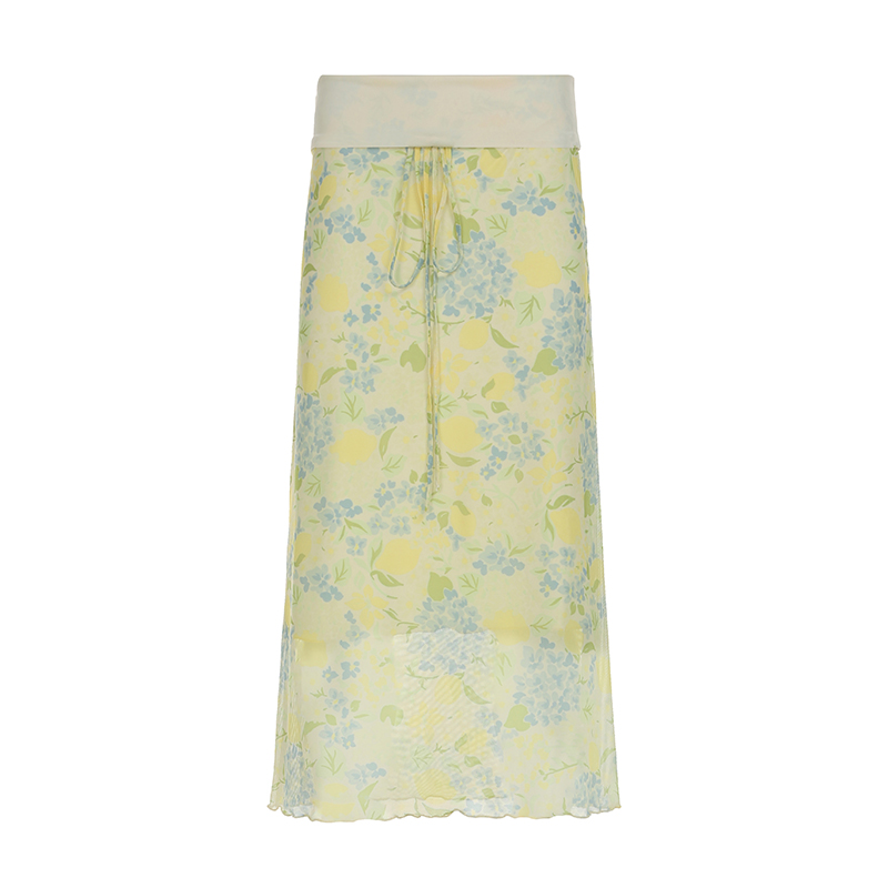 Lemon Soda Floral Mesh Bodycon Skirt for Women - Low Waist, Tied Design, Trendy Fresh Dopamine Style Lemon Soda Floral Mesh Bodycon Skirt for Women - Low Waist, Tied Design, Trendy Fresh Dopamine Style