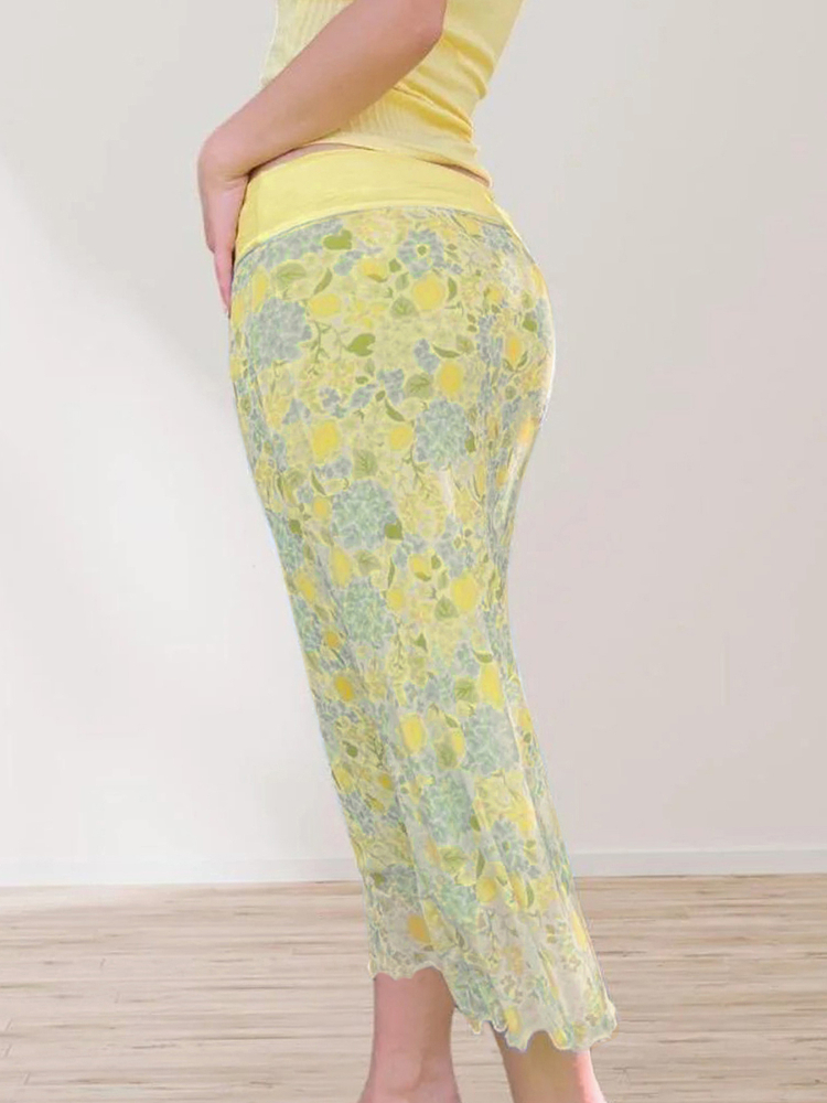 Lemon Soda Floral Mesh Bodycon Skirt for Women - Low Waist, Tied Design, Trendy Fresh Dopamine Style Lemon Soda Floral Mesh Bodycon Skirt for Women - Low Waist, Tied Design, Trendy Fresh Dopamine Style