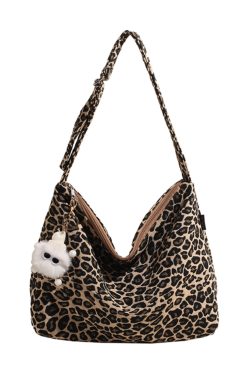 Leopard Print Canvas Crossbody Bag for Women - 2025 Korean Style, Large Capacity Tote for Class, Commuting, and Everyday Use