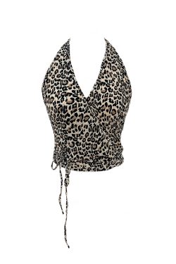 Leopard Print Halter Tie Back Vest Top for Women – Sexy V-Neck Backless Camisole, Perfect for Y2K and Summer Fashion