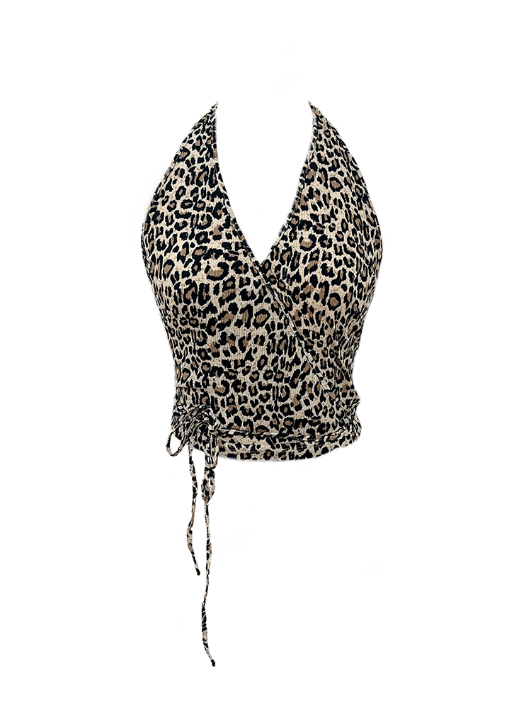 Leopard Print Halter Tie Back Vest Top for Women – Sexy V-Neck Backless Camisole, Perfect for Y2K and Summer Fashion Leopard Print Halter Tie Back Vest Top for Women – Sexy V-Neck Backless Camisole, Perfect for Y2K and Summer Fashion