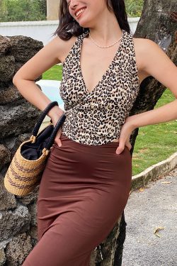 Leopard Print Halter Tie Back Vest Top for Women – Sexy V-Neck Backless Camisole, Perfect for Y2K and Summer Fashion