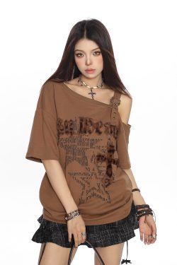 Leopard Print Off-Shoulder Short Sleeve T-Shirt for Women - Vintage Summer Loose Fit Top, Y2K Style