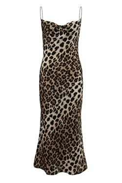 Leopard Print Spaghetti Strap Dress with Ruffled Neckline and Open Back, Sexy Mermaid Skirt, Autumn 2024 Fashion
