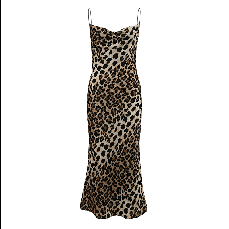 Leopard Print Spaghetti Strap Dress with Ruffled Neckline and Open Back, Sexy Mermaid Skirt, Autumn 2024 Fashion Leopard Print Spaghetti Strap Dress with Ruffled Neckline and Open Back, Sexy Mermaid Skirt, Autumn 2024 Fashion