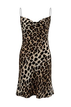 Leopard Print Spaghetti Strap Dress with Ruffled Neckline and Open Back, Sexy Mermaid Skirt, Autumn 2024 Fashion