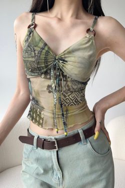 Light A-line Shoulder Strap Mesh Vest for Women with Exotic Pleated Bust Design - Trendy Jungle Totem Style for a Slimming Effect