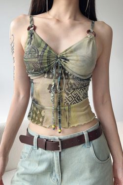 Light A-line Shoulder Strap Mesh Vest for Women with Exotic Pleated Bust Design - Trendy Jungle Totem Style for a Slimming Effect