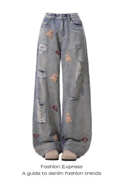 Light Blue Bear Embroidered Denim Pants for Women, American Retro Style, Ripped Fringe, Straight-Leg, Spring & Autumn Fashion