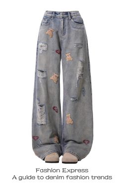 Light Blue Bear Embroidered Denim Pants for Women, American Retro Style, Ripped Fringe, Straight-Leg, Spring & Autumn Fashion