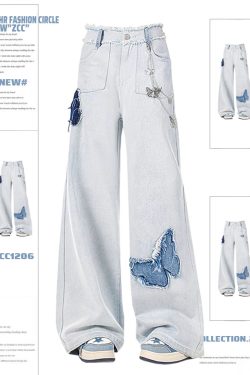 Light Blue Butterfly Wide-Leg Jeans for Women, High-Waisted Loose Draping Floor-Length Pants, Retro Autumn Winter Fashion
