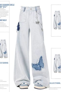 Light Blue Butterfly Wide-Leg Jeans for Women, High-Waisted Loose Draping Floor-Length Pants, Retro Autumn Winter Fashion