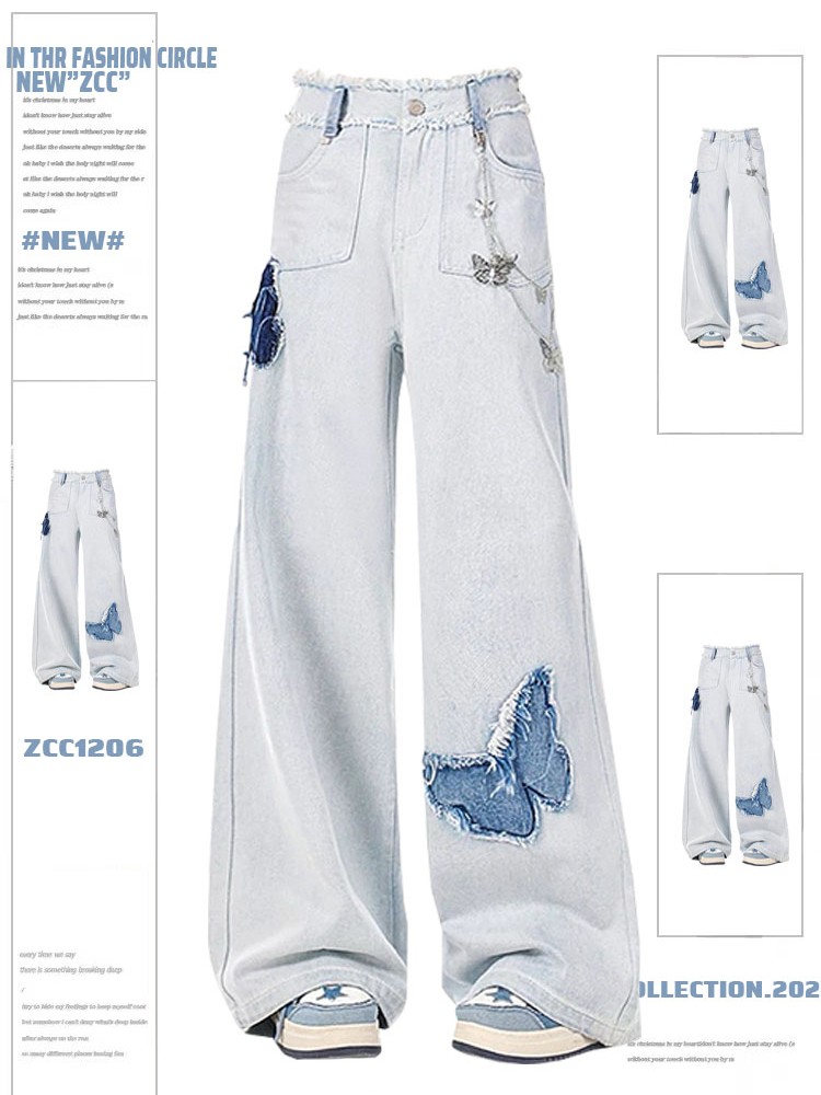 Light Blue Butterfly Wide-Leg Jeans for Women, High-Waisted Loose Draping Floor-Length Pants, Retro Autumn Winter Fashion Light Blue Butterfly Wide-Leg Jeans for Women, High-Waisted Loose Draping Floor-Length Pants, Retro Autumn Winter Fashion