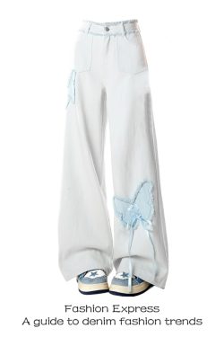 Light Blue Fringed Wide-Leg Denim Pants with Butterfly Embroidery for Women - Trendy Double Waist Design for Spring & Autumn