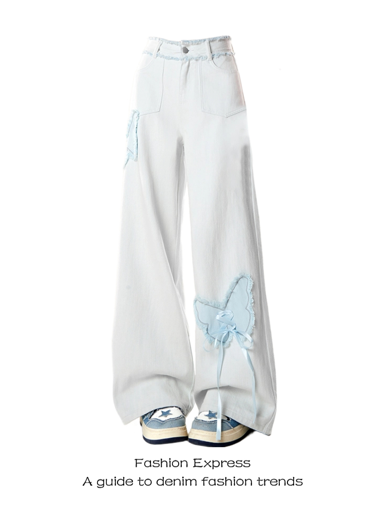 Light Blue Fringed Wide-Leg Denim Pants with Butterfly Embroidery for Women - Trendy Double Waist Design for Spring & Autumn Light Blue Fringed Wide-Leg Denim Pants with Butterfly Embroidery for Women - Trendy Double Waist Design for Spring & Autumn